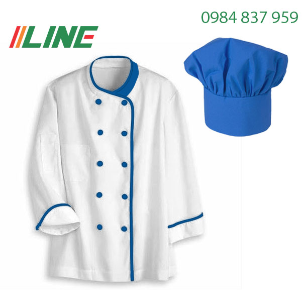 áo bếp trắng phối cổ xanh coban và cúc xanh