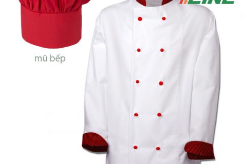 áo bếp trắng cổ tay phối ca rô nhỏ cúc đỏ